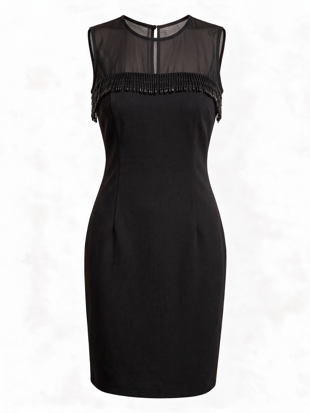 Vintage J.R. Nites Sheath Dress Beaded Fringe Sheer Mesh Black Size 8